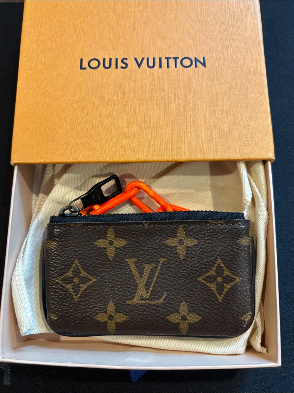 Louis Vuitton Brown Monogram Pouch with Bright Orange Chain